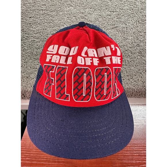 VTG Trucker Hat Mens OS Red Blue You Cant Fall Off The Floor Mesh Snapback USA - Picture 1 of 10
